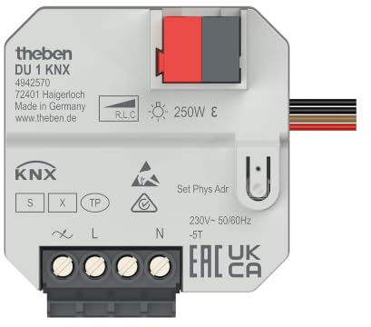 Theben 4942570 DU 1 KNX Unterputz-Universal-Dimmaktor 1-fach 250W Secure | UP, 1 Kanal, optimierter Dimmausgang, automatische Lasterkennung, einstellbare Dimmkurve, 2 Binäreingänge, KNX TP Data Secure