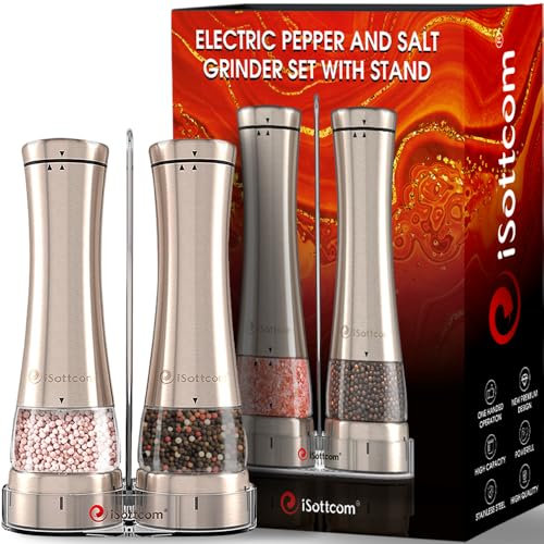 Juego de molinillo eléctrico de sal y pimienta con soporte, juego de 2 mejores molinillos electrónicos de acero inoxidable | Alimentado por batería molinillos de sal y pimienta con luz