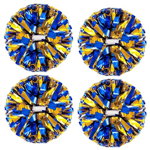 4Pcs Metallic Cheerleading Pom Poms, Creatiee 2 Pair Cheerleader Cheering Squad Pompoms for School Sports Dance Games Team Spirit Cheer (Blue-Gold)