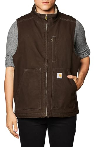 Carhartt Loose Fit Washed Duck Sherpa-Lined Mock-Neck Vest Vêtements d'extérieur Utilitaires de Travail, Marron foncé, Small Homme