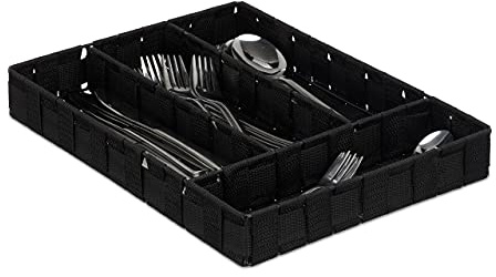 Relaxdays Besteckkasten, Schubladeneinsatz mit 4 Fächern, für Küchenbesteck, geflochten, HxBxT 4,5 x 26 x 36 cm, schwarz 10030252_46 | für Küchenbesteck, geflochten, HxBxT 4,5 x 26 x 36 cm
