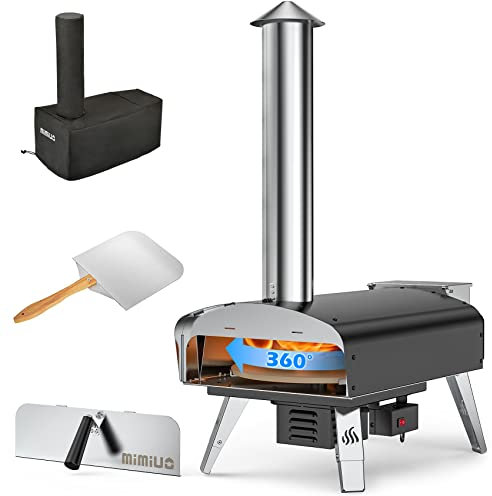 Mimiuo Portable Wood Pellet Grill with Automatic Rotating System, Black Outdoor Wood-Fired Oven Kit with 33cm Pizza Stone & Foldable Pizza Peel for Garden