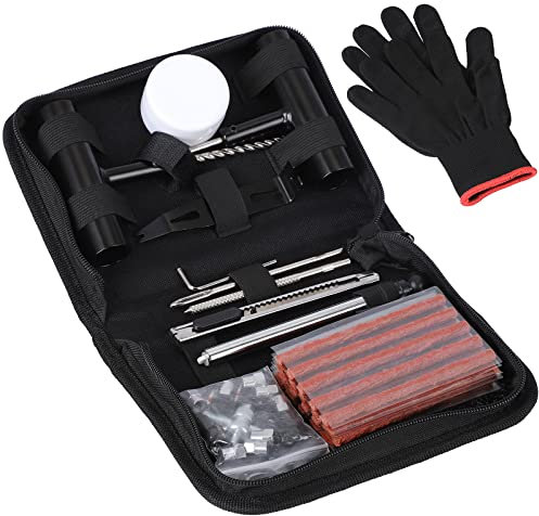 SHYOSUCCE 62 Pezzi Kit per Riparazione Pneumatici con Manometro e Guanti, Kit Riparazione Gomme per Auto, Biciclette, Motocicli, Trattori, Camion