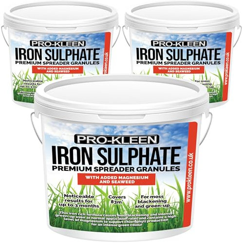 Pro-Kleen Iron Sulphate Spreader Granules 3 x 2.5kg - Covers up to 249m2 - With added Magnesium and Seaweed - Ferrous Sulphate - Fast Acting Grass Greening Fertiliser
