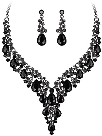 Clearine Juegos de Joyas de Mujer Boda Nupcial Joyería Conjunto Lágrima Strass Racimo Declaración Collar Pendientes Colgantes Bisutería,Color Negro-Tono