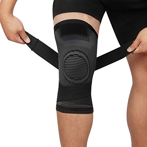 lenpestia Kniestütze 1 Paar mit Verstellbarer Klettverband (Schwarz, M) | Kniebandage Kompression Knie Bandage für Männer Damen für Arthritis ACL Sport Fitness Volleyball Bike Joggen