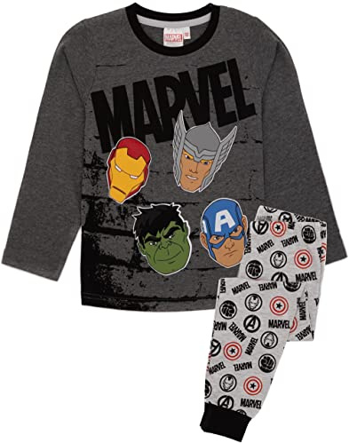 Marvel Avengers Conjunto de Pijama de Manga Larga para niños Grey | Parte Superior e Inferior del Personaje de superhéroe | Iron Man Thor Hulk Capitán América | Ropa PJs Pijama