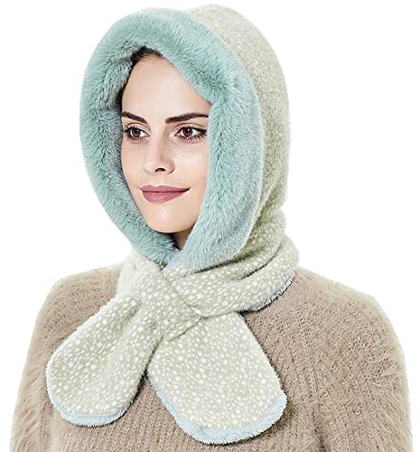 YEKEYI Wintermütze für Frauen Warm Kapuzenschal Mütze Fleece Beanie Mützen Schal Maske Winter Sturmhaube Pullover Strickmütze Skimütze, green, 7 1/8