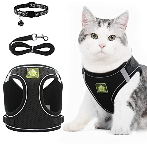 NeuWee Katzengeschirr mit Leine, Katzengeschirr Leine Set mit Katzenhalsband, Ausbruchsicheres Verstellbares Weiches Katze Geschirr mit Katzenleine für Welpe Kleiner Hund Große Katzen (Schwarz, S)