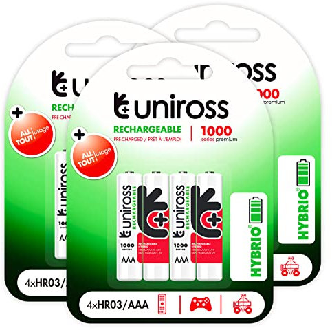Uniross Pile Ricaricabili Hybrio Ministilo AAA/HR03 Ni-MH 1,2V 900mAh - 3 Blister da 4 batterie
