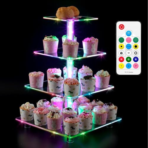 Ulifeme LED Light Cupcake Stand with Remote Control, Multi-Colour 4 Tier Acrylic Cupcake Square Tower Display, Changing Modes Cakes Holder for Birthday, Baby Shower, Wedding, Party Decor, USB Powered