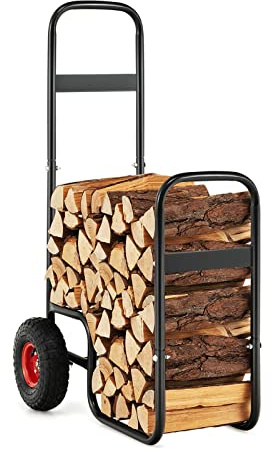 Nightcore Firewood Log Cart Carrier, Outdoor & Indoor Steel Wood Rack Storage Mover with 2 Large Rubber Wheels, Heavy Duty Steel Fireplace Log Carrier Mover, Rolling Wheeled Dolly Hauler, Black
