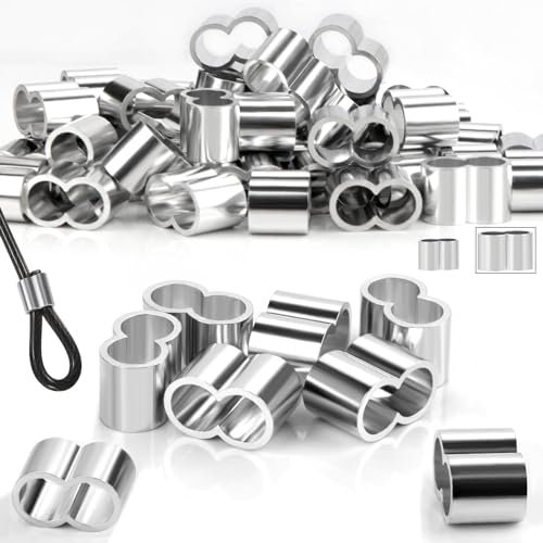 SWTYExt 50 Pezzi Morsetti a Doppio Manicotto 8mm Morsetti a Pressione Morsetto per Fune Ghiere in Alluminio Manicotti di Aggraffatura per 8mm-9mm Corda Elastica Fune Metallica Cavo Stendibiancheria