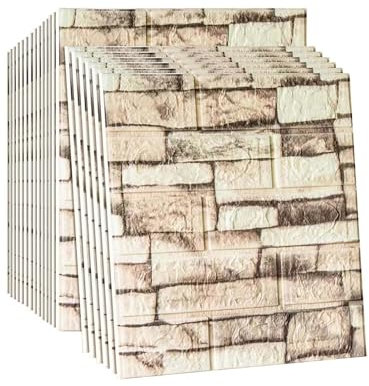 HAILM 18 PCS Selbstklebende Schaum Wand Fliesen, wasserdichte 3D Ziegel Strukturierte Tapete, 35x38.5cm 3D Wände, Wandaufkleber für Küche Wohnzimmer Badezimmer, Stärke 3 mm