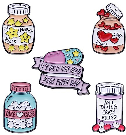 Cartoon Stars Happy Pill Brooch Bottle Enamel Pin Take Care Pill Bottle Enamel Pin Set Love Pill It's OK If You Need Meds Every Day Brooch Badge Creative Cute Pills Medicine Bottle Lapel Pin women