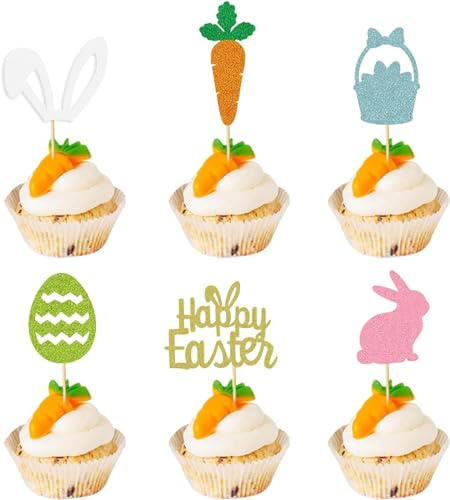 Easter Cupcake Toppers, 12 Pcs Glitter Easter Cake Decorations, Happy Easter Cake Toppers, Rabbit Bunny Eggs Basket Carrot Cake Toppers for Spring Easter Party Decorations Supplies