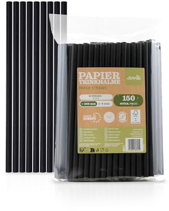 Sovie Strohhalme Papier Schwarz - Trinkhalme Plastikfrei - FSC-zertifiziert, Made in Europe, Biologisch Abbaubar - Ø 8mm - 20cm Länge - 150 Stück