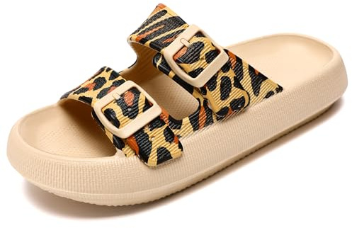 Waysoland Molntofflor kvinnor män sandaler med justerbara spännen, dusch badrum halkfria snabbtorkande öppen tå supermjuka bekväma tjocka sultofflor inomhus utomhusskor, Leopard, 38.5/39.5 EU