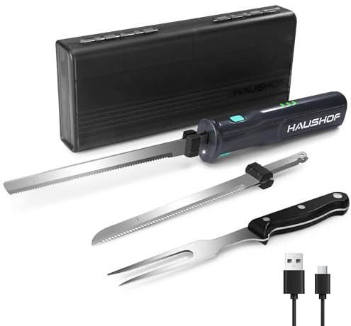 HAUSHOF Cuchillo Eléctrico 8V - Cuchillo de Cocina Inalámbrico, 2 Hojas de Acero Inoxidable, Tenedor Incluido, Apto para Lavavajillas, con Caja de Almacenamiento, Ideal para Carne, Pan, Jamón y Queso