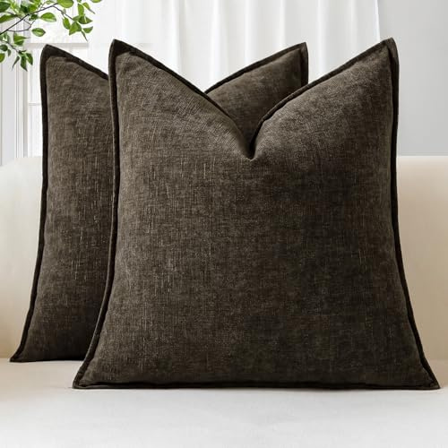 Sungeek Set med 2 mjuka chenille-kuddfodral 60 x 60 cm fyrkantiga dekorativa kuddöverdrag med sydd kant enfärgade kuddöverdrag för heminredning soffa bäddsoffa vardagsrum, brun