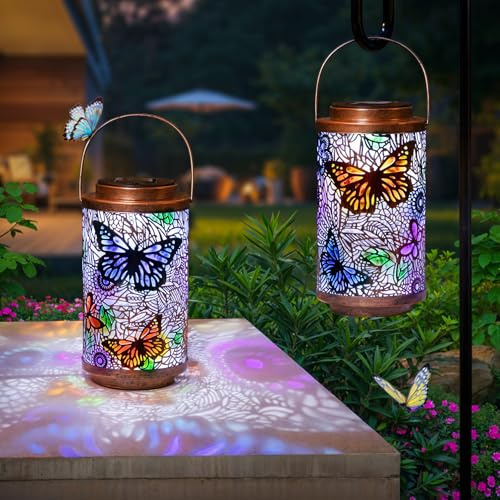 2Pack Solar Outdoor Lanterns Waterproof Butterfly Garden Gifts for Women, Multicolor Solar Outside Lights Lantern for Yard, Backyard, Porch, Mothers Day Gifts for Mom Grandma Wife