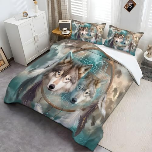 Weicher TraumfäNgerDrucken Bettwäsche-Set, Blau GelbWeiche Flauschige 3 teilig Mikrofaser Bettbezüge Set mit Reißverschluss Enthält 1 Bettbezüge 240 × 220 cm und 2 Kissenbezug 80x80 cm