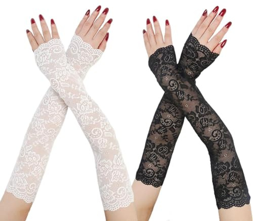 2 Paires de Manchettes en Dentelle, Gants en Dentelle, Gants Sans Doigts, Accessoires de Fête et de Protection Solaire