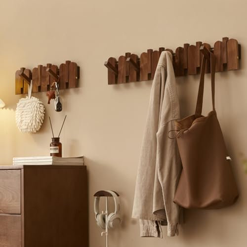 Massive Walnuss-Garderobe mit 10 Klavier-Schlüsselhaken, Wandmontage, Holz-Kleiderbügel und Hakenleiste für Eingangsbereich, Schrank, Badezimmer, platzsparendes Klapp-Design