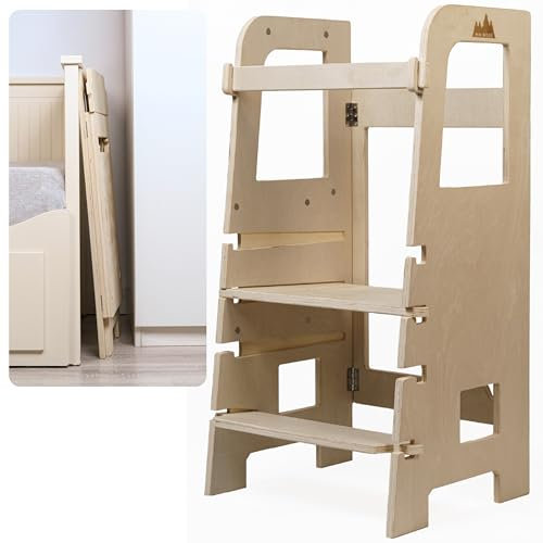 Evolutiver Lern-Turm, Klappbar Aus Birkensperrholz 100% Waschbar Drei Verstellbare Höhen Von 15 Bis Über 48 Monate Leicht Abnehmbar und Zusammenklappbar/Leicht Stabil Ideal Für Wachstum (NATURAL)