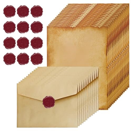 40 Stück Vintage-papier Umschläge Briefpapier Set, Vintage Briefpapier mit Umschlag Set mit 12 Kraftpapier Umschläge, 16 Briefpapier und 12 Wachssiegel-aufkleber, für Hochzeit, Geburtstag