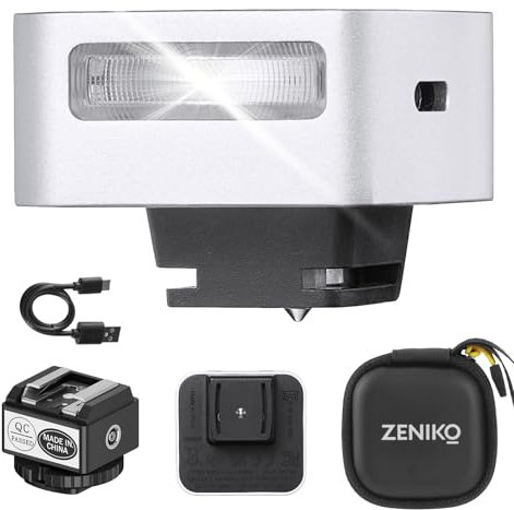 ZΕΝΙΚΟ ZF08 On-Camera Flash,Photography Flash with Adjustable Brightness (5 Levels) Type-C Charging, Universal Hot Shoe Mount, 440 Full Power Flashes For Cameras. Silver