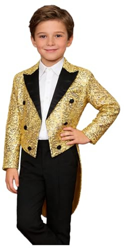 renvena Cappotto da Bambini con Paillettes a Coda di Rondine Giacca da Smoking Slim Fit Blazer Giacche Smoking Costume Mago per Festa di Carnevale Oro 13-14 anni