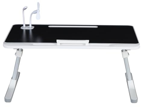 reukmuuc Mesa de cama ajustable para laptop, escritorio plegable con ventilador USB y lámpara, soporte portátil para cama, sofá y suelo, color negro