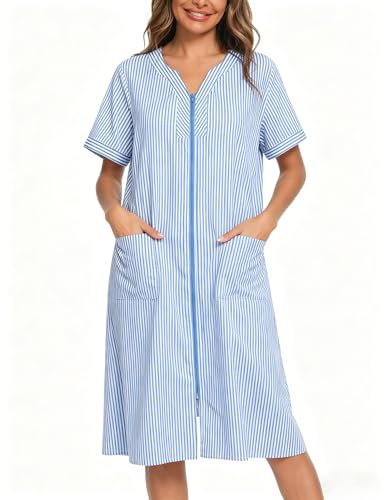 YOZLY House Dresses for Women Zipper Front Housecoat Lightweight Duster Robe with Pockets, Stripe Light Blue, Large
