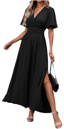 LUVCES Abito Estivo da Donna Elegante Scollo a V Plissettato Vita Alta Abito Lungo con 2 Side Spaccato Causal Manica a Farfalla Vestiti Estate Abiti Nero S