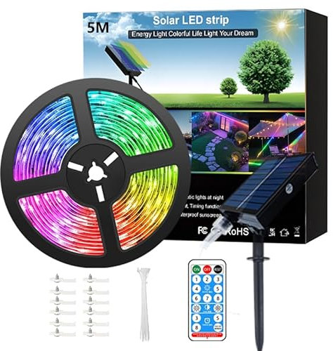 Meewata ‌Solar Strip Lights Outdoor Waterproof Multicolor, 5M 300 LEDs Dimmable Garden Lights with Remote Control & Dynamic 8 Modes Cuttable LED Strips for Patio, Balcony, Decking, Holiday Lighting