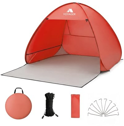 Voyager Strandzelt - Super Easy Pop Up, Großer Platz, UPF 50+ UV-Schutz, Premium Qualität, Leicht & Tragbar, Vielseitiger Outdoor Schatten, 2 Personen, Kompakte Faltgröße (Koralle)