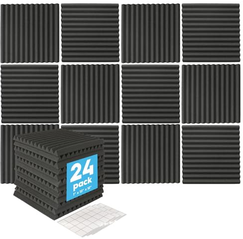 Harbour Housewares 24x Acoustic Panels with Double Sided Tape - 2.5 x 30 x 30cm (1 x 12 x 12) - Adhesive Noise Dampening Studio Foam Sound Proof Tile Gaming Soundproofing Music Noise Panel Pad
