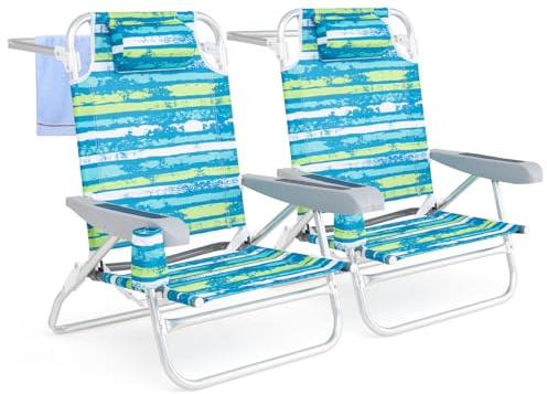 COSTWAY Silla Playa Plegable, Tumbona Playa con 5 Posiciones, Portavasos, Bolsillos de Almacenamiento, Correas de Hombro, Soporte para Toallas, Silla Reclinable Baja 150kg (2, Verde+Marino)