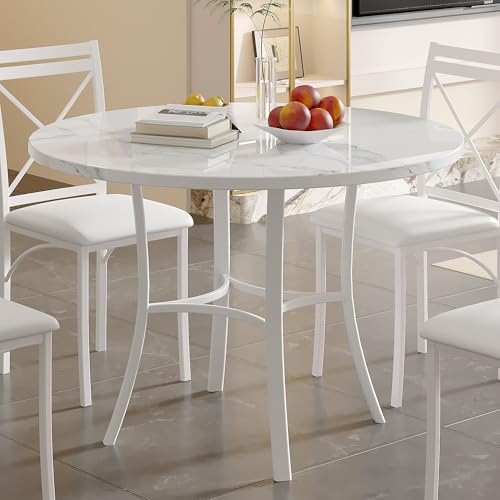 VECELO 36 Round Dining Table for 4, Faux Marble Dinette with Metal Frame for Kitchen, Apartment, Home, Space-Saving, Off White