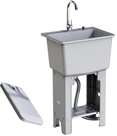 Fregadero de Lavandería de Plástico con Tabla de Lavar y Kit de Desagüe, Lavadero Pila Exterior con Botón de Desagüe de un Solo Toque y Grifo(Gray,40 * 36 * 76)