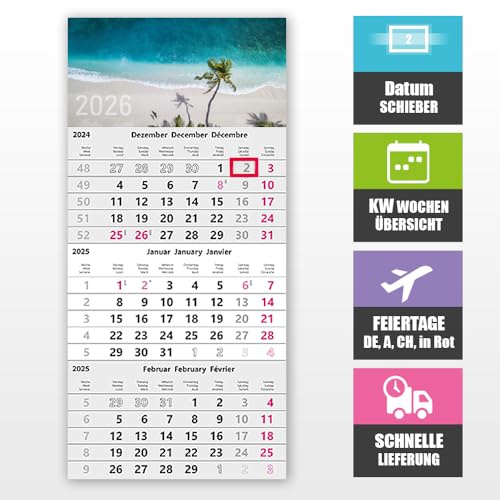 3 månadskalender 2026 med datumförare – väggkalender 30 x 49 cm för optimal planering, 3 månaders översikt väggplanerare, kontorskalender, 3 månader kalender, KW-veckor, helgdagar DE, A, CH