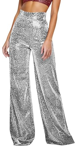 Pailetten Hose Damen Glitzer Metallic Glänzed Schlaghose Weites Bein Hose High Waist Elegant Lang Glitzerhosen Frauen Freizeithose Rave Outfit Disco Pants 70er Karneval Kostüm