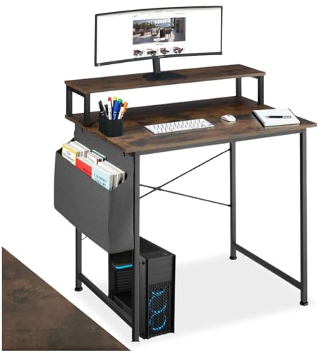 tectake® Scrivania 80x55x90cm con Ripiano rialzato per Monitor, Scrivania Gaming per Casa e Ufficio, Ideale Computer Portatile o Computer Fisso, Piedini Regolabili, Stile Industriale - Legno Scuro