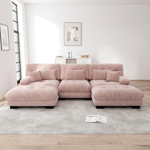 MURUL Luxuriöses Ecksofa - Modulares U-förmiges Cloud Couch Übergroßes für Wohnzimmer, Tiefensitz Verwandelbares Schlafsofa mit Ottoman, Chenille Rosa