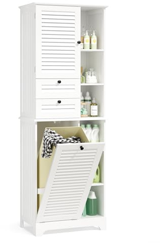 Xbro Meuble Colonne Salle de Bain avec Panier à Linge, Armoire de Salle de Bain, en MDF avec Sécurité Anti-basculement, 170 x 60 x 37 cm, Blanche