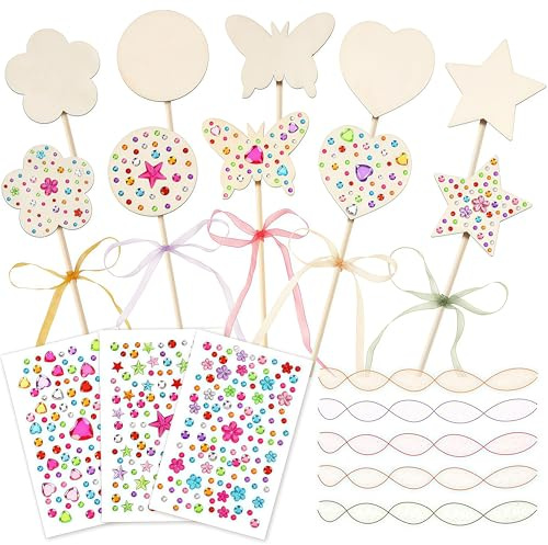 Zosutetoxo 23 pezzi set di bacchette magiche fai-da-te con 10 bastoncini di legno 10 nastri a fiocco 3 fogli di adesivi con gioielli bacchette magiche per feste dei bambini