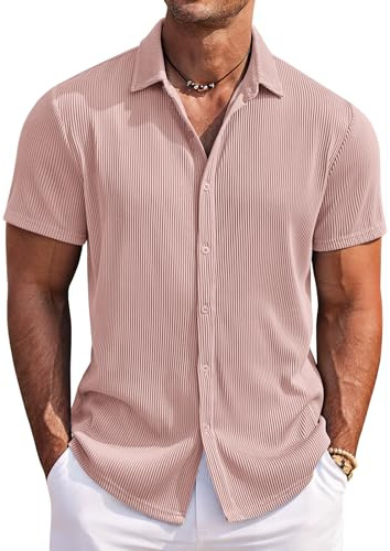 COOFANDY Camicia da uomo a maniche corte, elasticizzata, casual, con bottoni, vestibilità regolare, per l'estate, la spiaggia, le vacanze