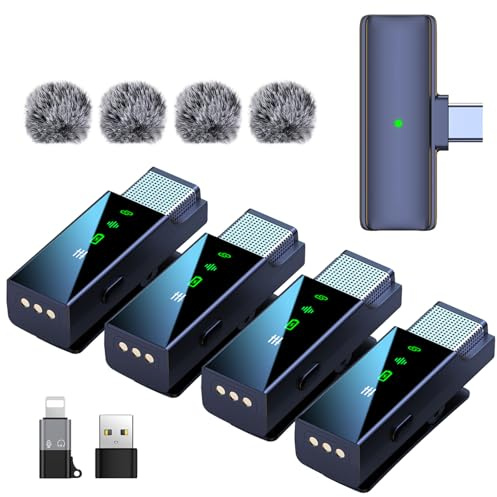 ZERFUN 4 Wireless Lavalier Microphone System for iPhone Android Phone Computer, Mini Lapel Mic with USB C/Lightning, 48KHz 24Bit, Reverb,Noise Cancelling for Video Recording Podcast Stream Vlog TikTok