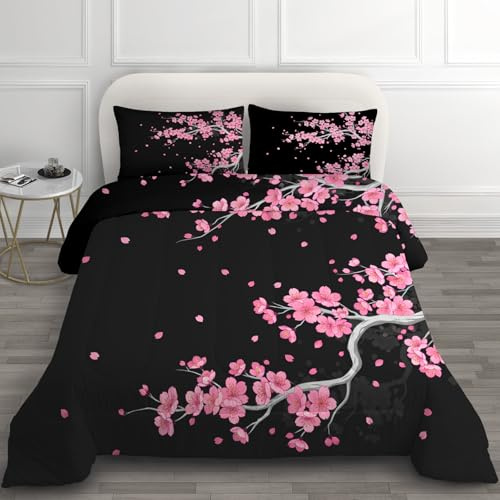 GEDAEUBA Bettdecke 200x200cm Japanische Kirschblüten - Asiatische Deko, 4 Jahreszeiten Bettdecken 200 x 200, Steppdecke Ohne Bezug Nutzbar, Warme & Weiche Ganzjahresdecke mit 2 Kissenbezug
